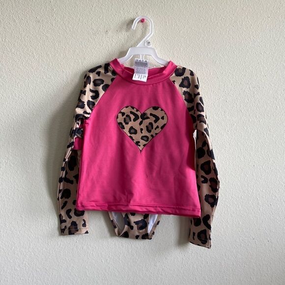 Lily & Dan Girls 3 Piece Swim Set Bikini Rash Guard Long Sleeve Pink Leopard NWT - Picture 2 of 10